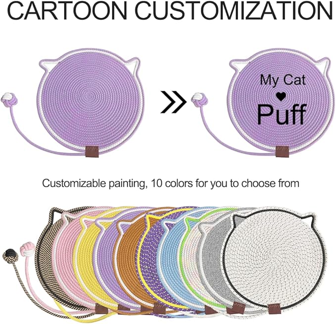 Personalized Cat Scratcher Mat, Customized with Name Text Natural Cotton Rope Round Horizontal Cat Scratching Pads with Ball Toy, Cat Furniture Protector for Wall, Couch, Carpets, Sofa (Purple)