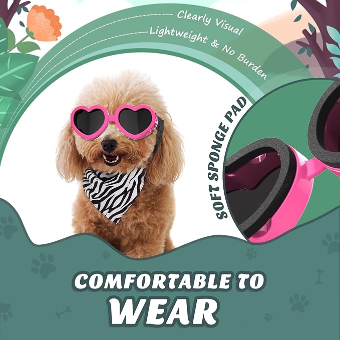 Lewondr 2 Pack Small Dog Sunglasses UV Protection Goggles Eye Wear Protection with Adjustable Strap Doggy Heart Shape Anti-Fog Sunglasses for Pet Dogs Sun Glasses Doggie Windproof Glasses, Pink
