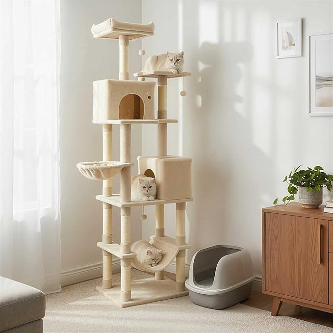 Tangkula 80 Inch Tall Cat Tree, Multi-Level Cat Tower with Sisal Scratching Posts, 2 Condos, Plush Perch, Hammock, Basket, Dangling Toys, Cat Climbing Furniture for Indoor Cats (Beige)