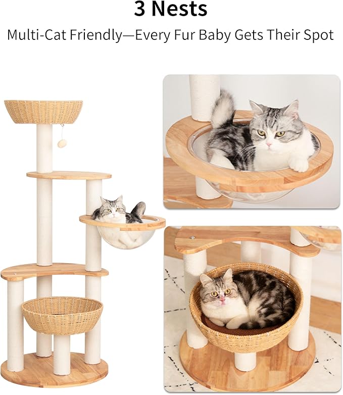 Modern Cat Tree for Large Cat, Wood Cat Tower Heavy Duty with Scratch Post for Indoor Big Cats (133cm (Natural Wood))