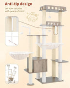 Heybly Cat Tree, 70.5 Inch Wood Tall Cat Tower for Large Indoor Cats with Extra Stable Structure, Modern Cat Furniture with All-Sisal Scratching Posts, Cat Condo & Hammocks, Greige HCT121SG