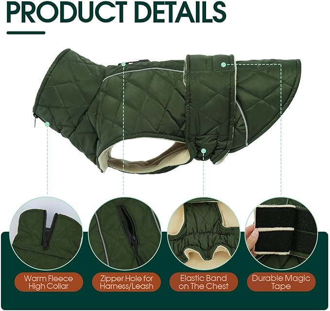 Kuoser Dog Winter Coat Waterproof Dog Snow Jacket, Warm Fleece Lined Pet Turtleneck Snowsuit Puppy Cold Weather Coats with Harness Hole, Adjustable Winter Vest for Medium Large Dogs, Green, L