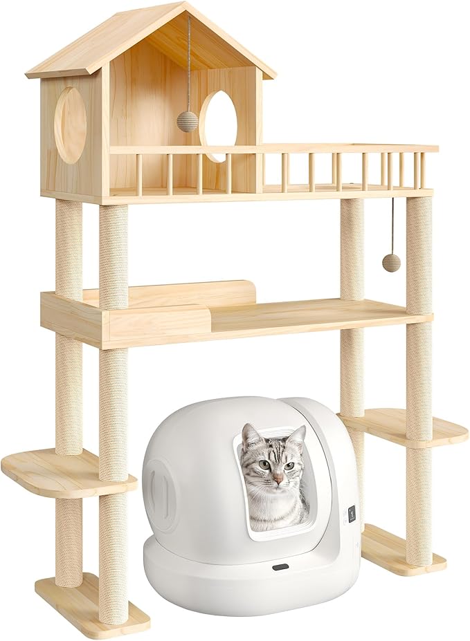 Wood Cat Tower for Automatic Litter Box, 60" Tall Cat Tree with Scratching Post, Multi-Level Solid Wood Cat Tree for Indoor Large Cats, Tall Cats Scratching Post Furniture w/House, Burlywood