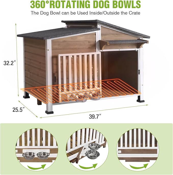 GUTINNEEN Heated Dog House Outdoor with Heating Pad and Insulated Liner, Wooden Dog Kennel with Anti-Chewing Metal Frame, Weatherproof Dog Shelter with Bowls for Outdoor or Indoor Use (Light Brown)