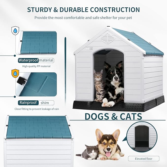 OFIKA Large Dog House Outdoor Indoor,Insulated Plastic Dog House for Small Medium Large Dogs,Durable Waterproof Dog House with Air Vents and Elevated Floor, Ventilate & Easy Clean, Assemble