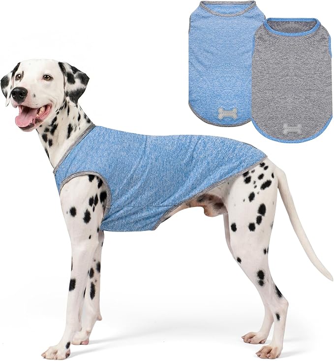 KYEESE 2Pack Dog Shirt, Lightweight Sun Protection Sleeveless Dog T Shirts for Medium Large Dogs Boy, Breathable Pet Reflective Tank Top Summer Dogs Clothes for Outdoor Walking, Grey+Light Blue, 2XL