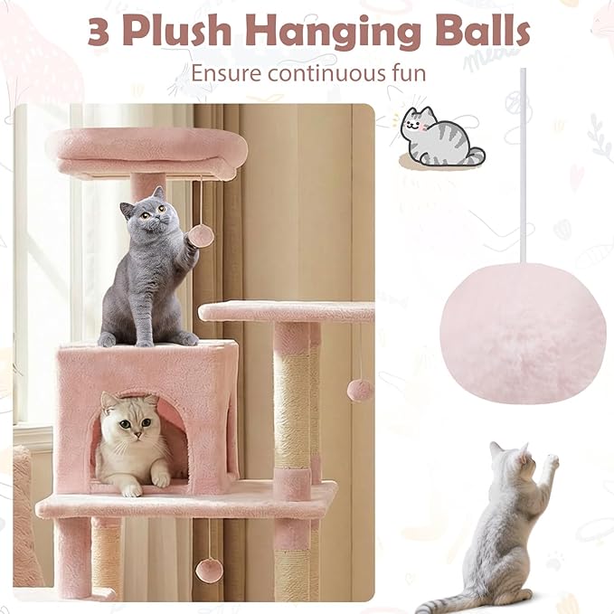Tangkula 58 Inch Pink Cat Tree, Multi-Level Cat Tower with Sisal Scratching Posts, Padded Top Perch, Condo & Hammock, 3 Hanging Balls, Jumping Platforms for Indoor Cats (Pink)
