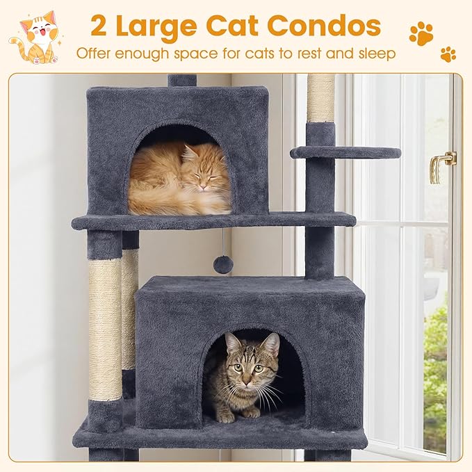 PETSITE 70-inch Tall Cat Tree, Modern Multi-Level Cat Tower with 2 Comfy Condos, Sisal Scratching Posts, Snug Hammock, and Dangling Ball, Ideal for Indoor Cats and Kittens (Dark Grey)
