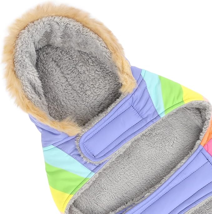 HDE Dog Puffer Jacket Fleece Lined Warm Dog Parka Winter Coat with Harness Hole Pastel Rainbow - S