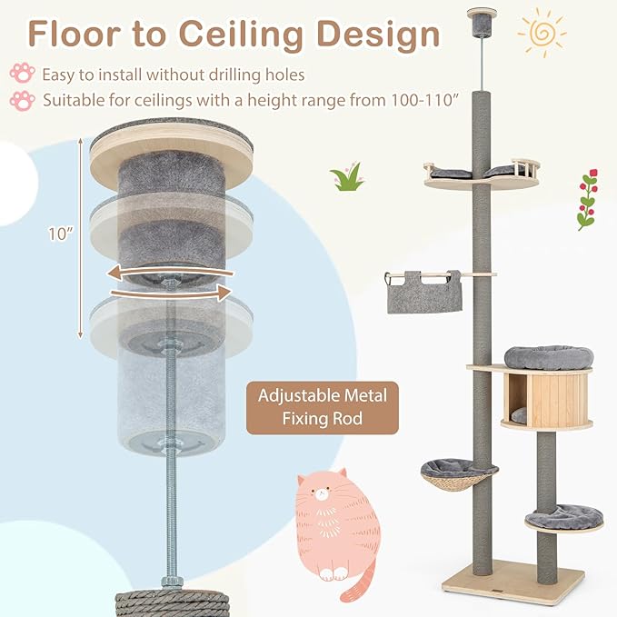 PETSITE Floor to Ceiling Cat Tree, 100-110 inch Height Adjustable, Multi-Level Cat Tower Floor to Ceiling with Scratching Posts, Cat Condo, Hammock, Tall Ceiling Cat Tree for Indoor Cats Large