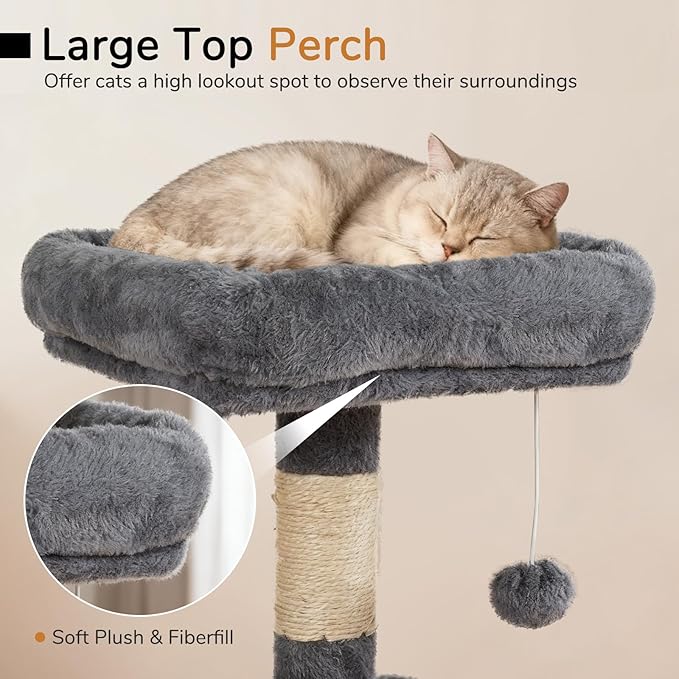 DORTALA Cat Tree for Indoor Cats, 44" Modern Cat Tower with Top Perch, Condo, Hammock, Sisal Scratching Posts, Dangling Balls, Platforms, Multi-Level Pet Climbing Furniture Playground (Grey)