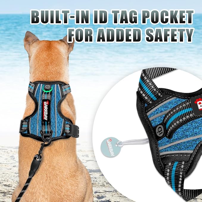 BARKBAY No Pull Dog Harness Large Reflective Dog Harness with Front Clip and Easy Control Handle for Walking Training Running with ID tag Pocket(Blue/Black,XL)