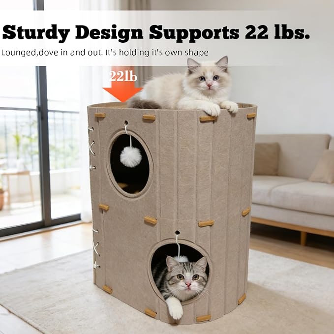 Cat House for Indoor Cats - 2-Storey Foldable Cat Bed Cave with Scratch-Resistant Felt Cats Tunnel Bed Condo & Hanging Fluffy Ball | Cozy Spacious Hideaway for Multi-Cats| Durable & Easy to Store,Gray