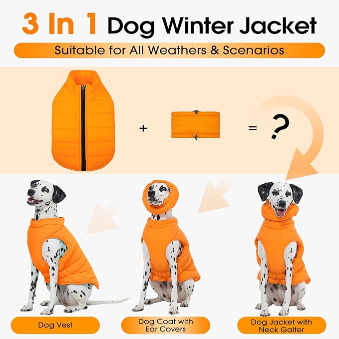 Large Dog Winter Coat with Back Zipper & Detachable Scarf, Waterproof Warm Dog Snow Jacket, Dogs Puffer Vest for Golden Retriever, German Shepherd, Orange 2XL
