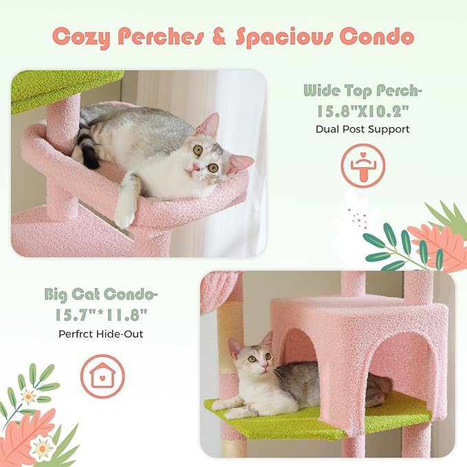 PETEPELA Large Cat Tree, 69-Inch Tall Cat Tower for Indoor Large Cats with Super Big Hammock, Cat Climbing Tree Tower with Scratching Posts, Cozy Condo House and Top Perch, Pink