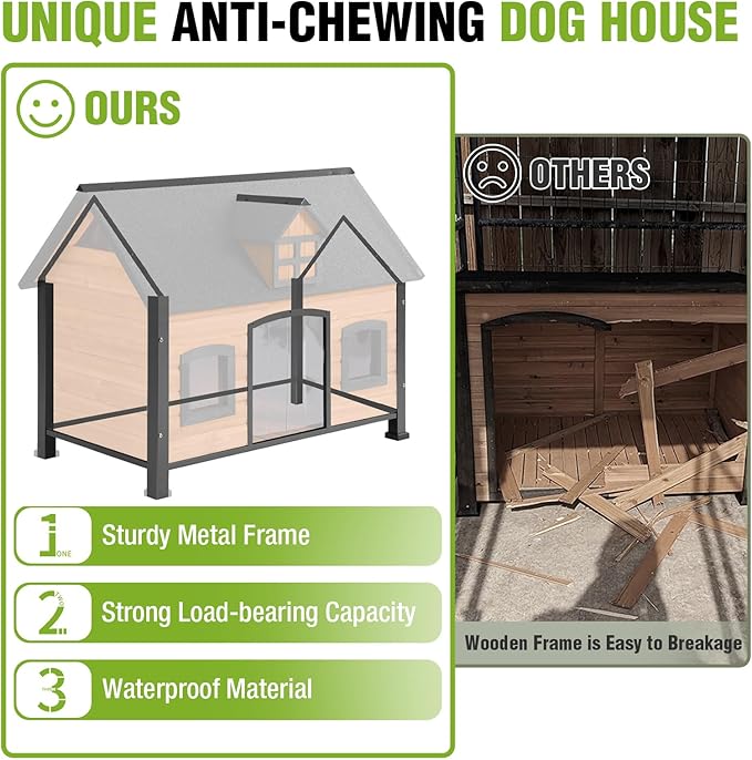 GUTINNEEN Heated Dog House Outdoor Insulated Dog Shelter with Metal Frame and Weatherproof Design, Wooden Dog Kennel for Outside, Puppy Cage for Winter Indoor