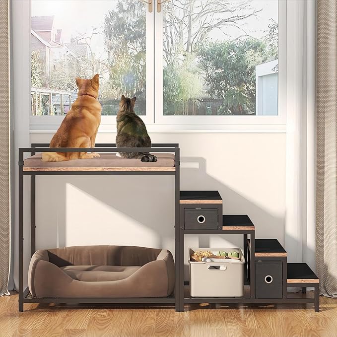 Pet Bunk Bed with Removable Stairs and 2 Drawers, Dogs/Cats Window Perch, Dog Window Seat with Soft Cushion, Ultra-Shallow Steps, Sturdy Metal Frame, Non-Slip, Load Capacity 60 LBS
