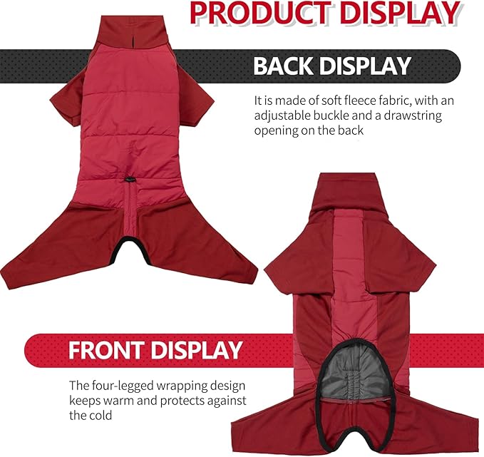 BRKURLEG Full Body Dog Winter Coat Warm Fleece Pullover Pajamas, Four Legs Covered Windproof Dog Jacket for Small to Large Dogs, Turtleneck Dogs Snowsuit, Pet Cold Weather Clothes, Red XL
