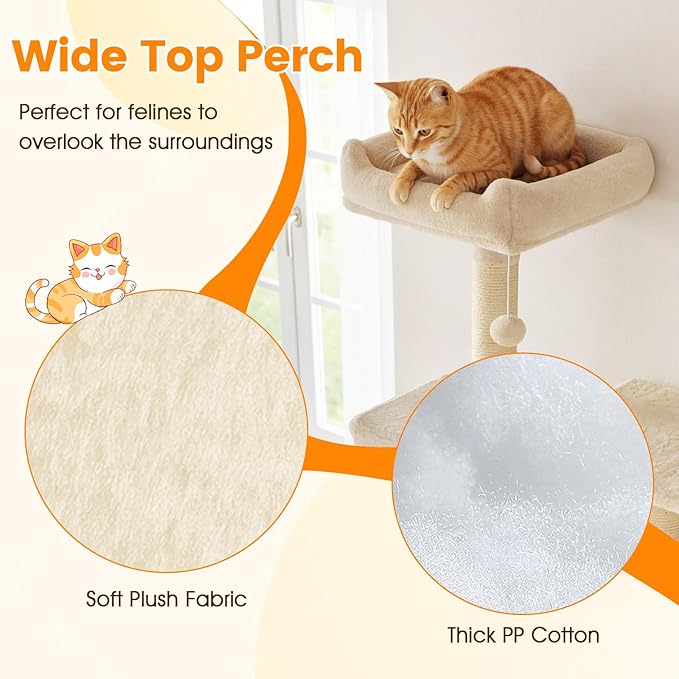 PETSITE 80-inch Tall Modern Cat Tree, Multi-Level Cat Tower with 2 Comfy Condos, Sisal Scratching Posts, Side Basket, Snug Hammock, and Dangling Balls, Ideal for Indoor Cats and Kittens (Beige)