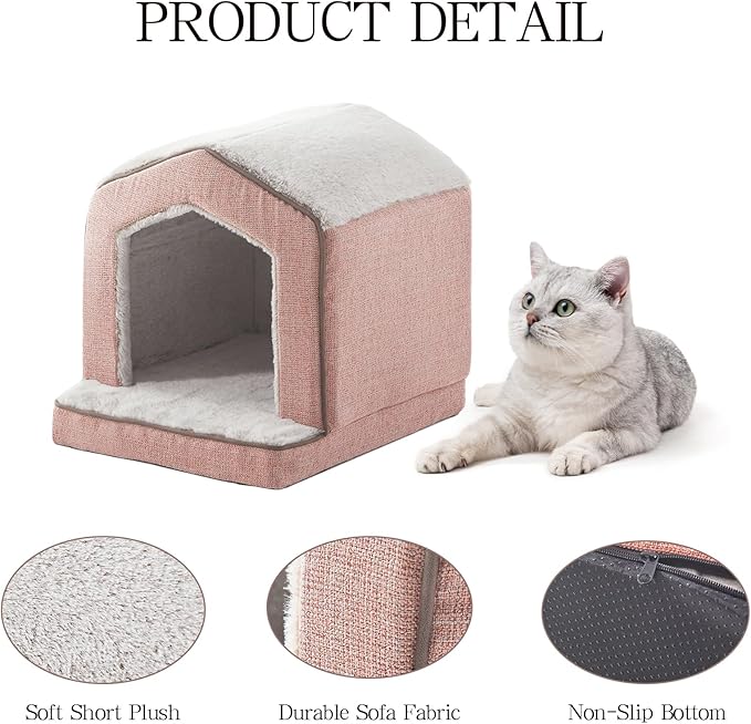 Orthopedic Cat House for Indoor Cats,Small Dogs,Super Soft Cat Bed Cave,Condos, Cubes,Cat Hideaway,Covered,Cat Bed for Kitty Small Medium Large Pet (Pink, 18" L x 15" W x 17" Th)