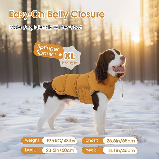 FUAMEY Dog Puffer Jacket for Large Dogs,Dog Cold Weather Coats Winter Dogs Down Jackets Waterproof Pet Snowsuits Warm Puppy Winter Vest Turtleneck Pets Adjustable Jackets Coats Mustard Yellow L