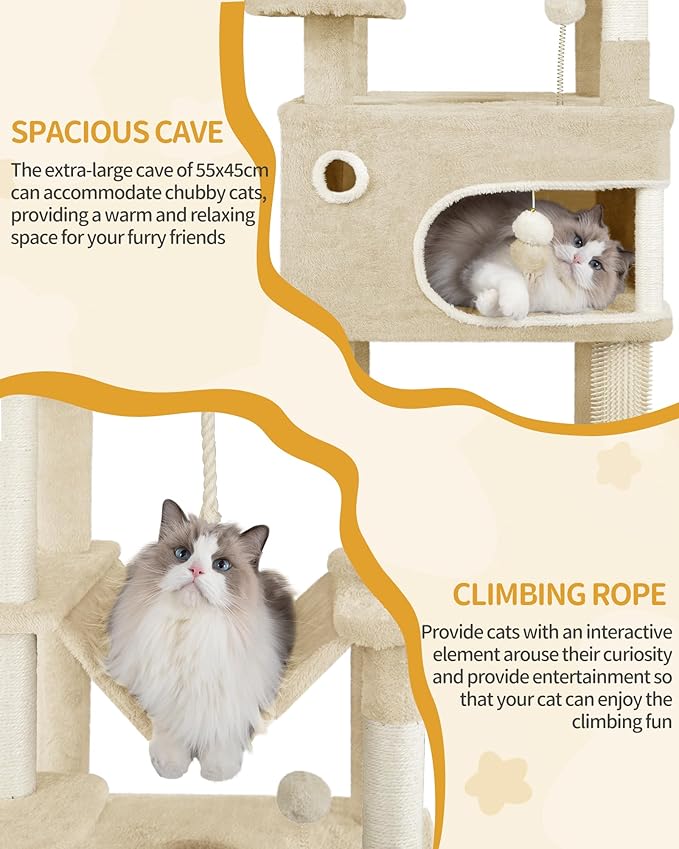 70.1 Inch Cat Tree for Indoor Cats, Multi-Layer Scratching Post with Large Platform, 2 Caves, 7 Sisal Posts, Pompoms, Cat Basket, Hammock, Suitable for Cats, Beige MS17818YL