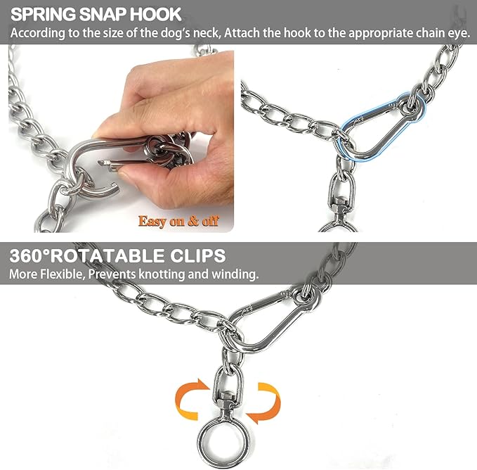 304 Stainless Steel Metal Chew Proof Dog Collar and Leash Extension - Anti Winding, Training and Walking (Small: 18in x 2.5mm, Neck Max 16in)