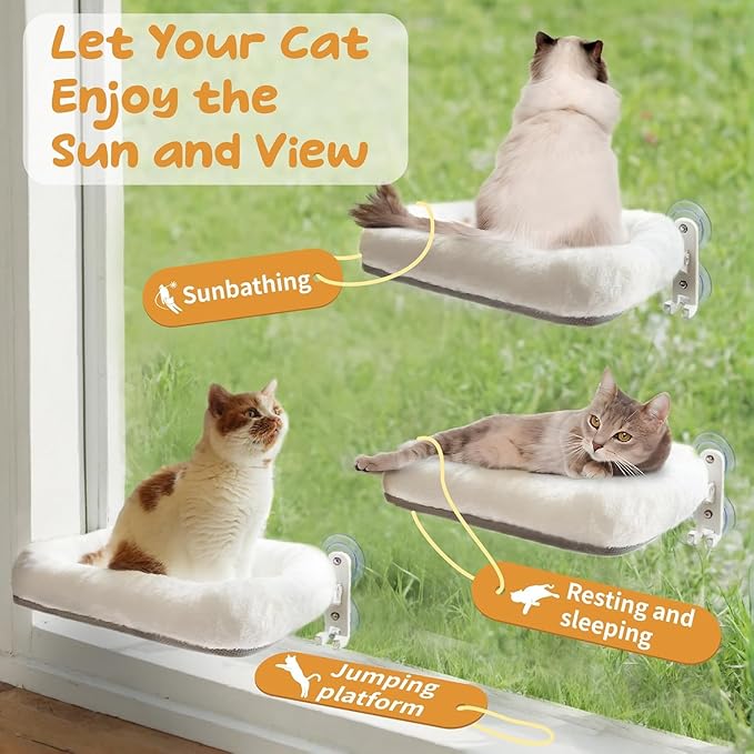 Cordless Cat Window Perch, Foldable Cat Window Hammock, 4 Strong Suction Cups, Solid Metal Frame, Patented Hook Design (Cushion White L)