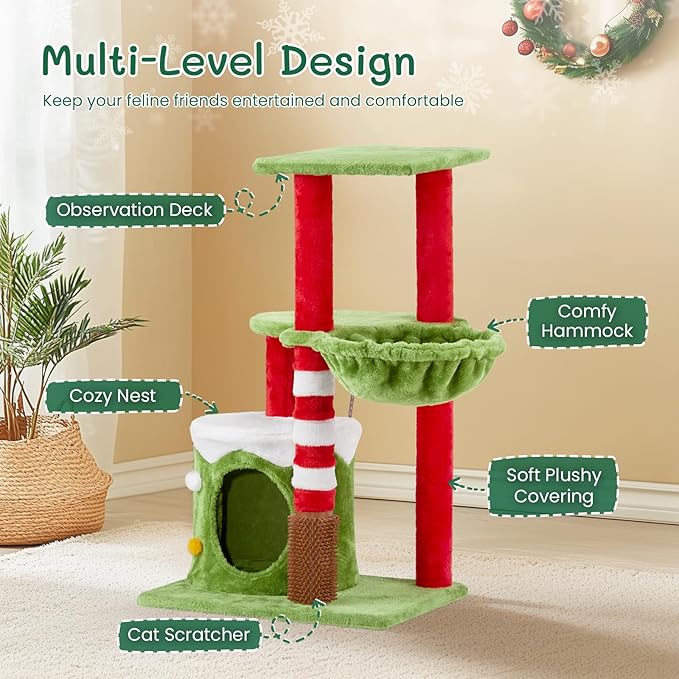 Christmas Decorations, Christmas Cat Tree Tower, 31.5 inch Cat Furniture with Condo & Hammock, Scratching Post for Indoor Cats, Green Red White Cat Tree with Massage Brush (31.5 in Christmas)