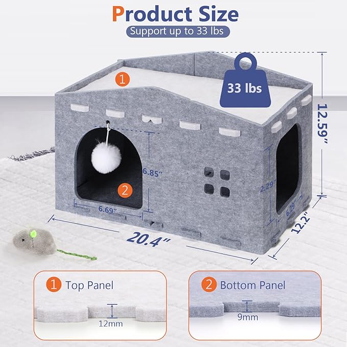 Cat House for Indoor Cats, Cat Beds Peekaboo Pet Cave with Fluffy Ball and Catnip Toy for Multiple Large Cats Up to 33 Lbs Foldable Cat Hideaway Scratch Resistant for Kitten Kitty (Grey