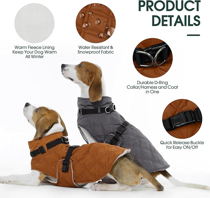 Kuoser Dog Coat Warm Fleece Lining Turtleneck Dog Jacket with Harness Built-in, Adjustable Windproof Cold Weather Coats with Quick Release Buckle Pet Winter Snowsuit for Medium Large Dogs, Khaki L