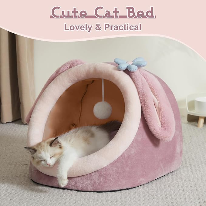 Jiupety Cute Cat Bed for Indoor, Cats Warm Soft Cave Fit for 6-10 lb Cat, Pink Rabbit, M