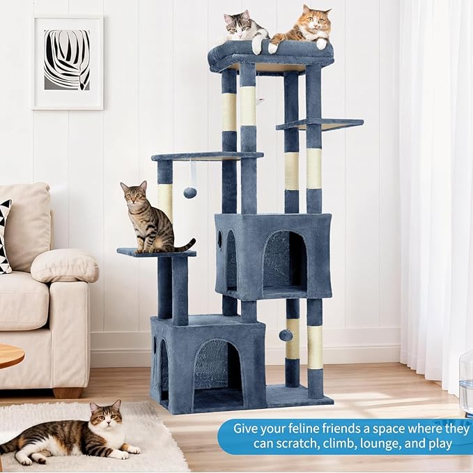Cat Tree 61" Tall, Sisal Wrapped Scratching Post, Cat Nest, Hanging Ball, Extended Platform