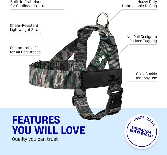 DF Co. Dog Harness | Chafe Resistant Webbing, Adjustable Neck & Chest, and Heavy Duty D-Ring | Sturdy, Comfortable, Easy to Use | Green Camo, Size XXS