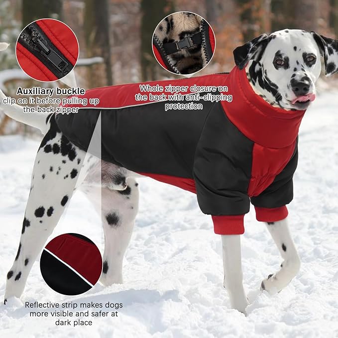 IDOMIK Reversible Dog Winter Coat, Thick Warm Dog Coat with Leopard Fleece Lining&Zipper, Adjustable High Collar Waterproof Jacket, Reflective Pet Cold Weather Coats for Small Dogs,Red,S