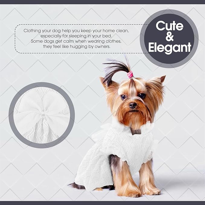 Kuoser Dog Dress, Cute Dog Dresses for Small Dogs Girl Elegant Puppy Tutu with Bow-Knot, Doggie Princess Costume Pet Outfit for Birthday Party Christmas Halloween Wedding, White XS