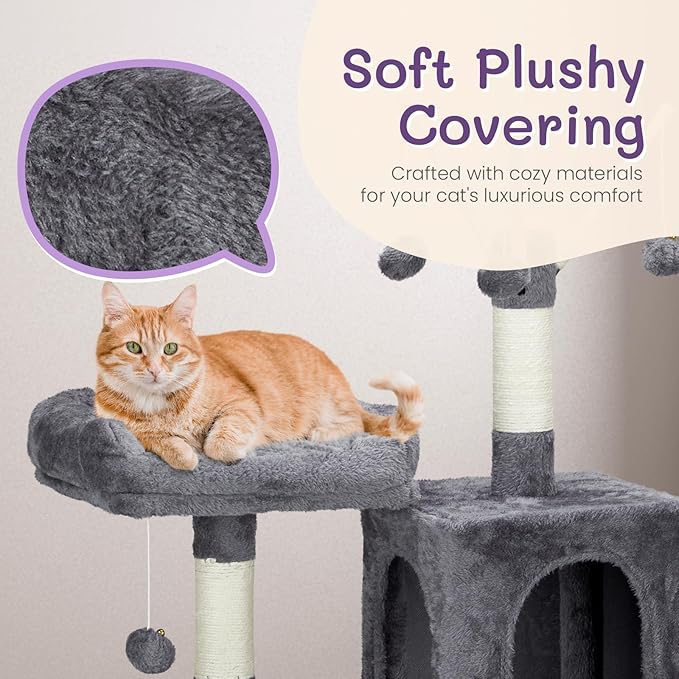 57" Cat Tower for Indoor w/Cat Toy Balls, Modern Cute Cat Tree for Cats Kittens, Multi-Level Cat Activity Tree w/Scratching Posts, Cat Cave Condo,for Indoor Cat Kitty as Pet Play House Activity Center