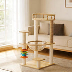 32.2”” Wood Cat Tower with Sisal Scratching Post, Modern Cat Tree with Acrylic Bowl, Cat Perch, Climbing Ladder & Ball Toy, Multi-Level Cat Activity Center (32.2 inch)