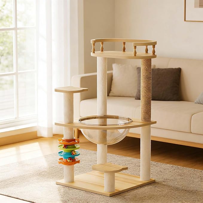 32.2”” Wood Cat Tower with Sisal Scratching Post, Modern Cat Tree with Acrylic Bowl, Cat Perch, Climbing Ladder & Ball Toy, Multi-Level Cat Activity Center (32.2 inch)
