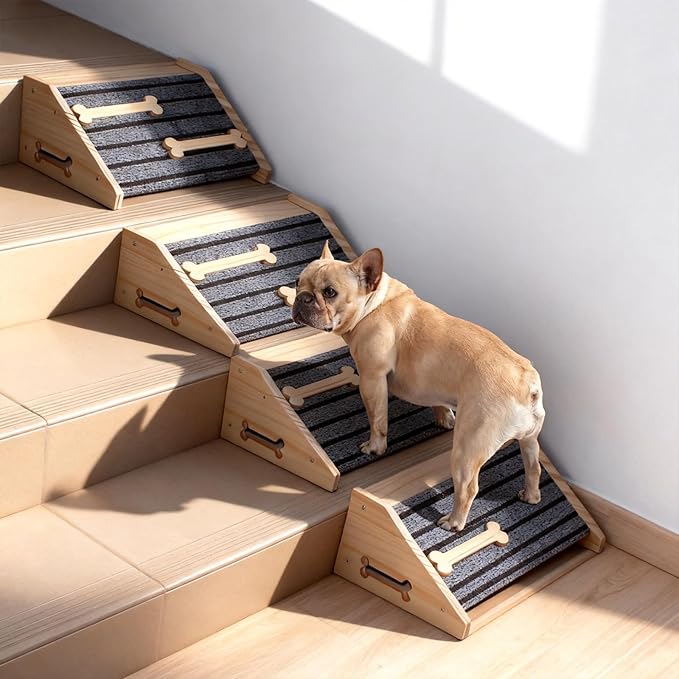 2-Pack Wooden Pet Stair Ramp - Felt Surface with Non-Slip Ribs Natural Pine Wood Suitable for Small Medium Dogs, assists Senior Dogs and Injured Pets up and Provides a Safe Indoor Passageway.