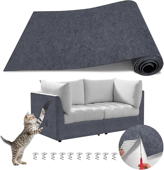 118"x15.8" Cat Scratch Couch Furniture Protector, Adhesive Cat Scratch Pad Deterrent for Furniture, Wall Corner Anit Scratcher Mat, DIY Climbing Cat Scratching Carpet Post Board Replacement (DarkGrey)