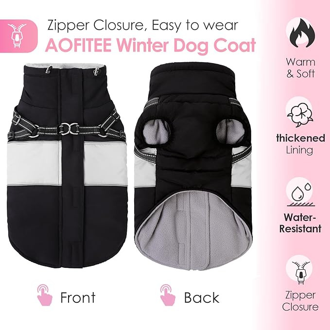AOFITEE Dog Winter Coat, Dog Coat with Harness Built in, Dogs Jacket for Large Dogs, Reflective Waterproof Pet Puffer Jacket Snowsuit, Warm Fleece Windproof Pet Sweater for Cold Weather, XL