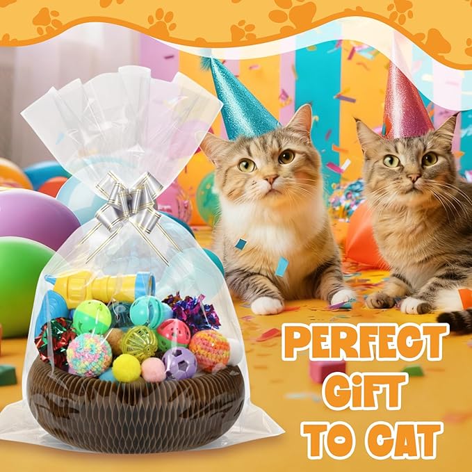 Zopeal 64 Pcs Easter Cat Toy Gift Set Magic Cat Scratcher Board Ball Launcher Gun Crinkle and Yarn and Plastic Bell Ball Kitten Toy with Bow for Pet Interactive Engaging Gift(Organ Shape)
