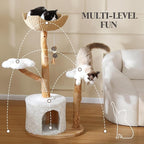 47-Inch Natural Wood Cat Tree for Cats, Modern Cat Tower with Multiple Platforms, Sisal Posts, Handwoven Bed, White Cushions