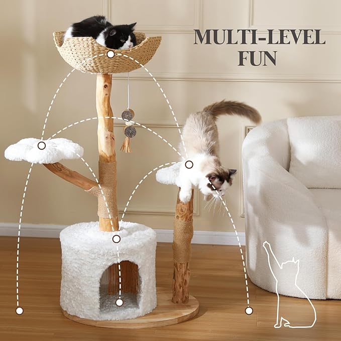 47-Inch Natural Wood Cat Tree for Cats, Modern Cat Tower with Multiple Platforms, Sisal Posts, Handwoven Bed, White Cushions