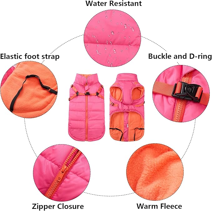 Geyecete Winter Warm Coat Waterproof Dog Winter Jacket with Harness Traction Belt,Windproof Pet Outdoor Jacket Dog Autumn-Pink-S