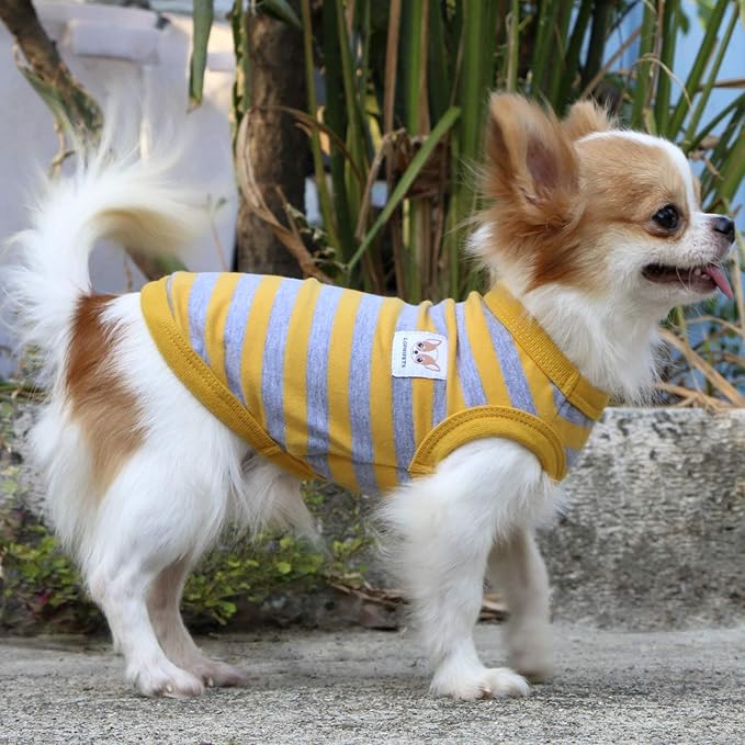 LOPHIPETS 100% Cotton Striped Dog Shirts for Small Dogs Chihuahua Puppy Clothes Tank Vest-Yellow and Gray Strips/M