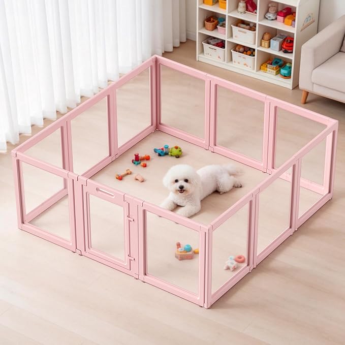DIY Clear Acrylic Dog Playpen House,Quick Easy Assembly and Disassembly,Strong Floor Suction,Indoor and Outdoor Use,Easy Cleansing Puppy Fence (Skin Pink, 30.3" H, 12PCS)