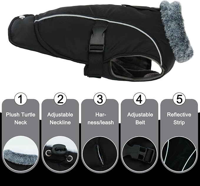 DENTRUN Winter Warm Dog Coat Reflective Jacket with Turtleneck for Cold Weather, Adjustable Buckle Windproof Water Repellent, Thick Snowsuit Fleece Vest for Small, Medium, Large Dogs, Black, S