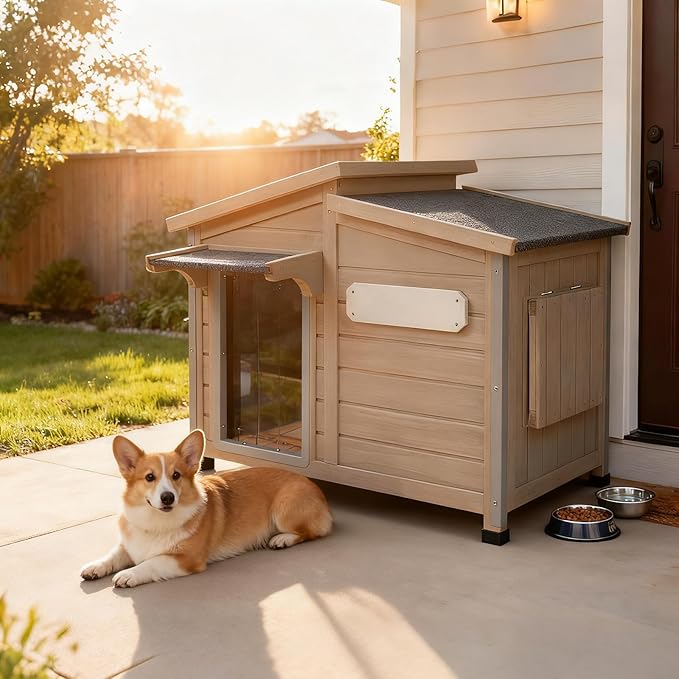 Outdoor Dog House Waterproof for Small to Medium Dogs Breeds with Openable Asphalt Roof, Anti-Chewing Iron Frame, Window, Weatherproof Indoor Outside (34" LX 22" WX 26.5" H)